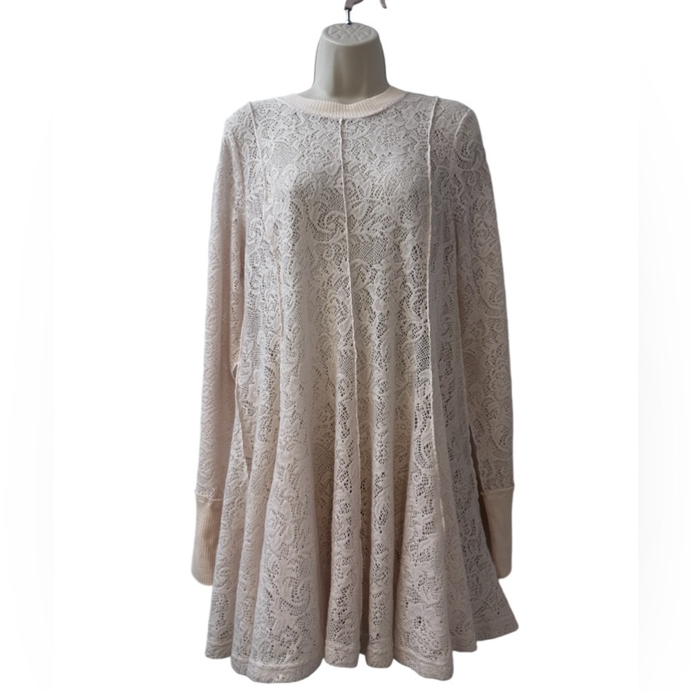 Free People Chambray Cottagecore Lace Dress Long Sleeve Creme Tunic Swing M
